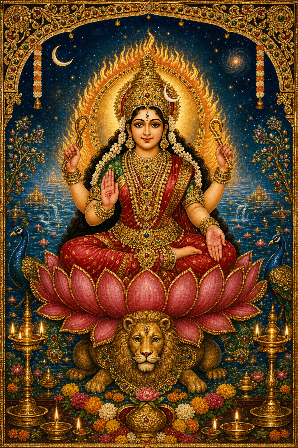 Śrīmad Devī Bhāgavatam — the Goddess Māyā seated on a jeweled lotus, four arms holding sacred implements, surrounded by a cosmic mandala